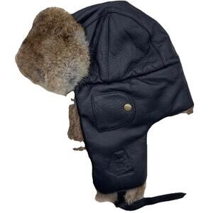 Mad Bomber Hat Real Leather Trapper Rabbit Fur Lining Size M Unisex FLAW H96